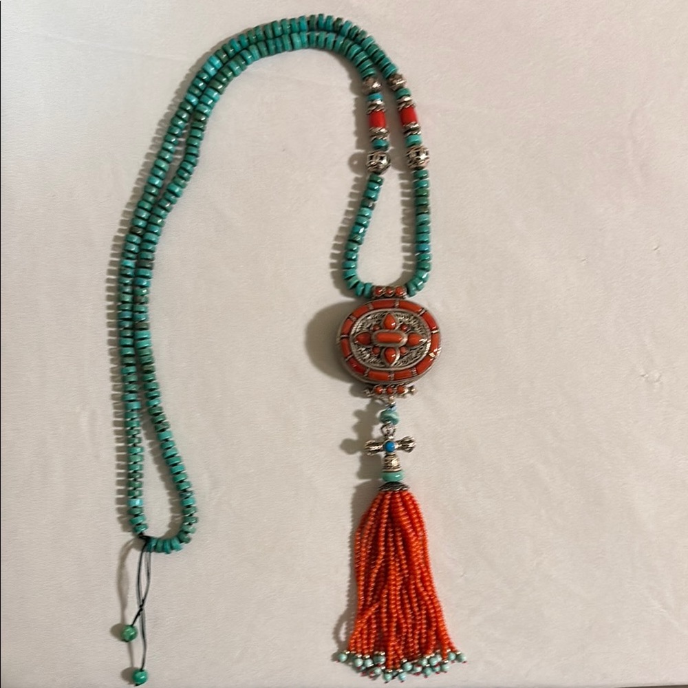 Turquoise, Carnelian and Silver Bali Style Beaded Necklace with Cross & Tassel